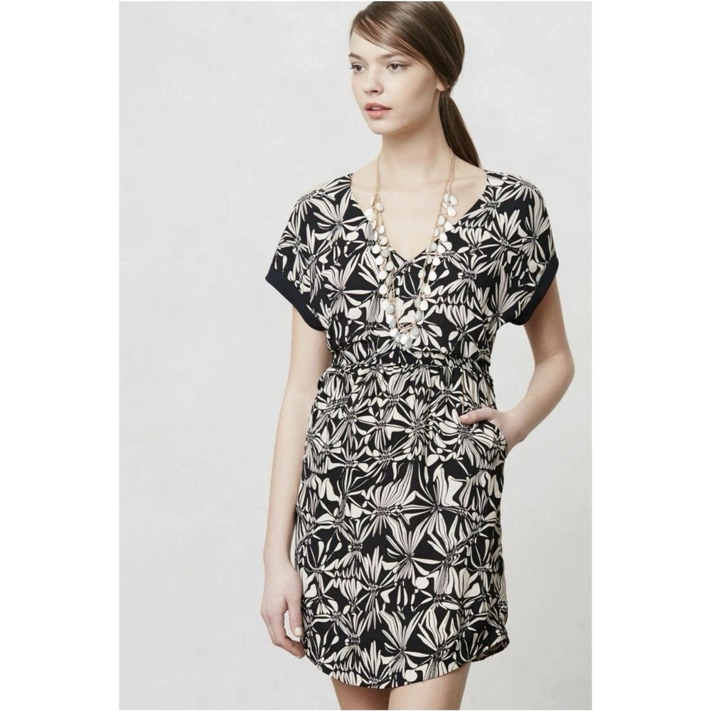 Anthropologie Postmark Floral Gathered Sonata Dress Size‎ Large Black White